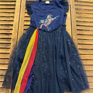 Navy Blue Kids Dress with Sparkle Unicorn and Rainbow Tulle Accents Size 7/8